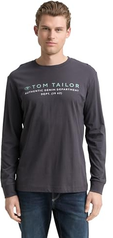 Tom Tailor Herren 1047769 Langarmshirt Mit Logo-Print, 10899 - Tarmac Grey, XL EU