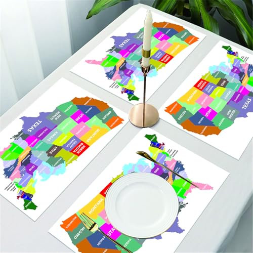 UREJD Tischsets Abwaschbar 4 Set,Vinyl Platzsets Abwaschbar für küche Speisetisch Hotel,Kaffeehaus,Festsaal,Platz-Matten,Karte, USA-Karte mit den Namen der Staaten in Amerika,30x45cm