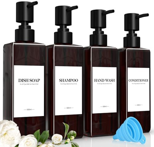 Juego de 4 Marrón Dispensador Jabon BañO, 500ml Dosificador Jabon BañO, Dispensador Gel y Champu Ducha, con Embudo y Etiqueta Impermeable, Adecuado para Cocina, BañO y Aseo