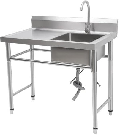 Ealtqund Küchenspüle Freistehende Edelstahl Spültisch 4 Wasserauslass-Modi Werkbank Spülbecken mit Arbeitsfläche für Restaurant, Garage oder Waschküche, 100x60cm (Rechts Spüle)