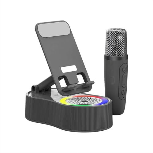Wireless Induction Bluetooth Speaker 5-in-1 with 3000mAh Power Bank & Microphone, 360° Rotating Phone Holder, Foldable Portable for iPhone Android Tablet (Black 1 Microphone)