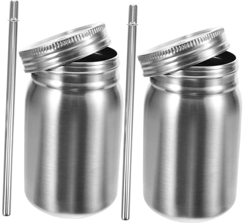 BESTYASH Edelstahl Mason Jar Trinkbecher mit Strohhalm 700ml 2 Stück | Silber, Rostfrei und Handlich, für Küche und Laden, Praktische Ausführung
