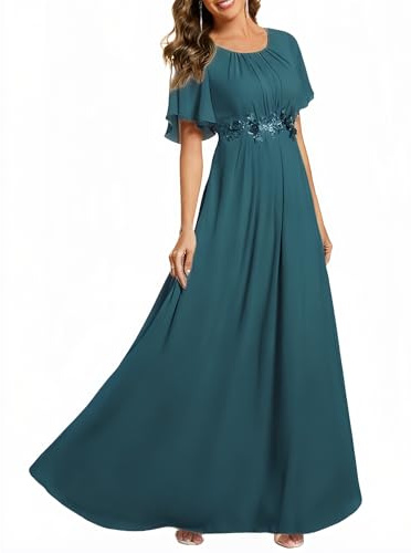 Ever-Pretty Women's Classic Round Neck Pleated Short Sleeves Chiffon Appliques Floor Length A Line Formal Evening Dresses Teal US14