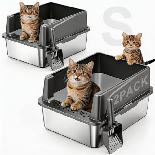 FURTIME 2 Pack Stainless Steel Cat Litter Box with High Sides Lid, Metal Litter Pan for Small Cats, Kitty Litter Box with Non-Stick, Odorless, Anti-Leakage, Includes Scoop and Mat, 17.4x13.4x8.4