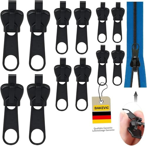 BAKEVIC Reißverschluss Zipper,12 Stück Reisverschluss Reparatur Set,Abnehmbare Zipper Pull Fixer Reparatur Set für Universal,Kleidung,Bettzug, Gepäck.