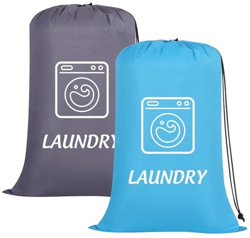 Dntorx 2 Pack Large Travel Laundry Bags 24 x 36 In, Drawstring, Blue + Grey | Heavy-Duty Oxford, Machine Washable, Reusable Dirty Clothes Bags, Fits Laundry Basket or Hamper, For Home, Travel, Camping
