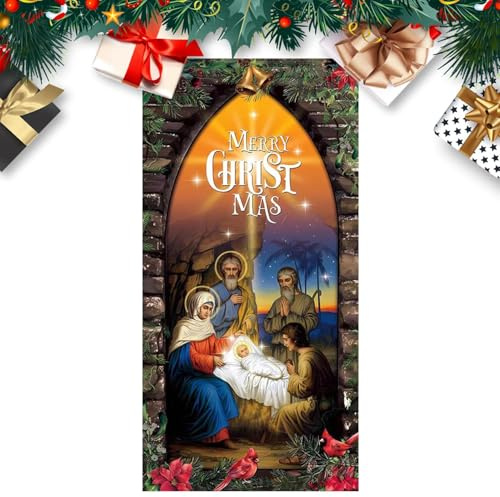 Rideau de porte - Grande scène d'hiver suspendue, portrait de la Sainte Famille, rideau de porte d'entrée saisonnier, impression de couleurs vives | Fond de Noël résistant aux intempéries
