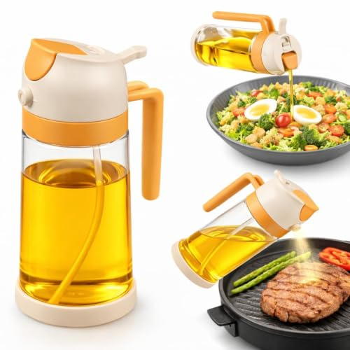 Kuky Cuisine Pulverizador de Aceite 470 ml 2 en 1 (Spray + Vertedor) - Botella de Vidrio con Boquilla de Acero Inoxidable - Dosificación Fina para Airfryer, Ensaladas, Plancha, Horno y Parrilla