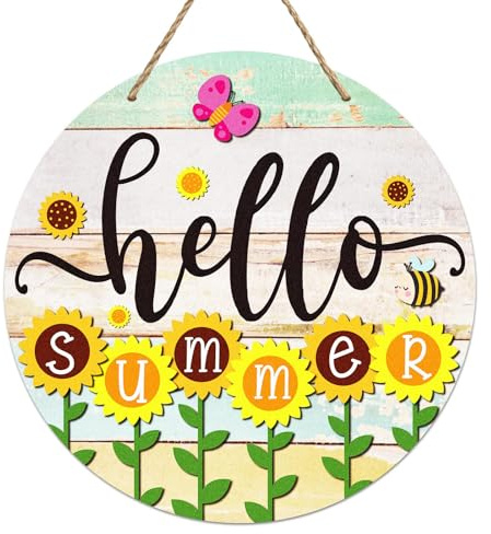 Summer Party Decoration Hawaiian Garden Round Wooden Plaque Hello Summer Sign Ideal for Use as Door Decorations, Porch Ornaments or Wall Accents Beach Party and Bbq Decoration 20x20cm