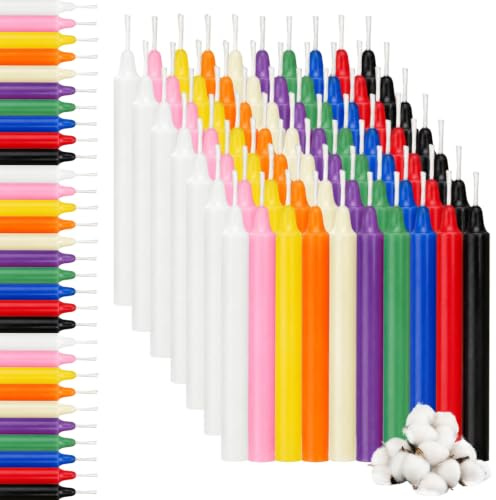 100 Stück Stabkerzen Bunt, Farbige Kerzen 1,2 x 10,5 cm (Hoch) | Bunte Kerzen, Tropffreie Unparfümierte Spitzkerzen für Geburtstagszug Witchcraft Chime Gebete Hochzeit Party