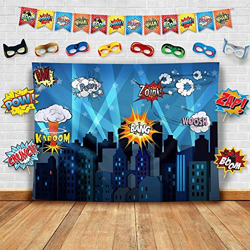 Superhero Fotohintergrund, Fotostudio-Requisiten, Flaggen und Masken, DIY-Kit Superhelden-Stadt-Fotohintergrund - Geburtstagsparty- und Event-Dekoration.