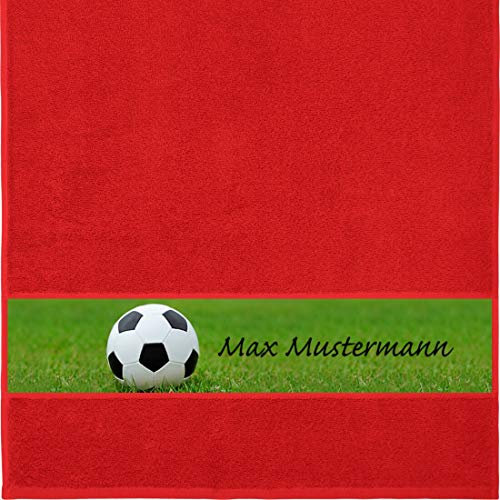 Manutextur Handtuch mit Namen - personalisiert - Motiv Sport - Fußball - viele Farben & Motive - Dusch-Handtuch - rot - Größe 50x100 cm - persönliches Geschenk mit Wunsch-Motiv und Wunsch-Name