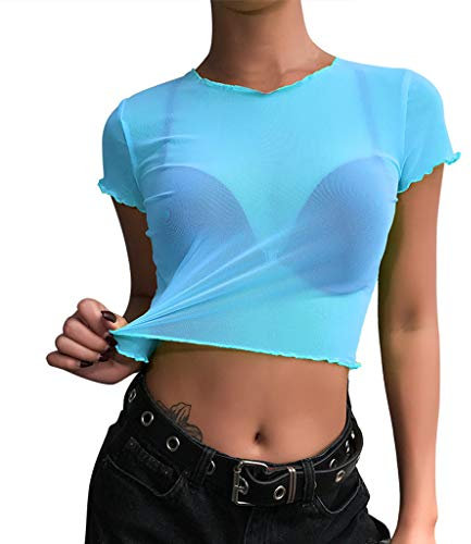 Lazzboy Mesh Crop Top Sexy Women See-Through Transparent Slim Ladies Long Sleeve/Short Sleeve Blouse,Many Style(8,Neon Blue)