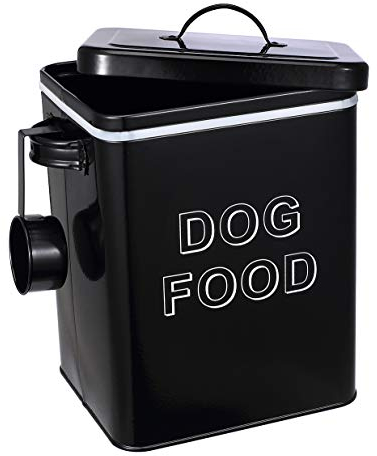 Dog Food Storage Container Farmhouse Pet Food Storage Containers with Lid and Scoop, Perfect Vintage Canister Treats Tin for Kitchen Countertop, Shelf, Great Gift for Pet Owners - Dog Food - Black