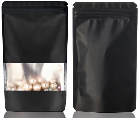 Rimiko 50 Stück Druckverschlussbeutel zum Aufstellen mit Fenster, Zip Folien Mylar Stand up Beutel, Wiederverschließbare Tasche zur Aufbewahrung von Lebensmitteln (Schwarz,12x20cm)