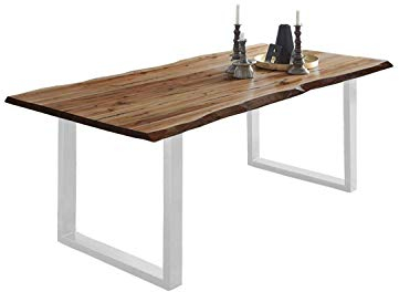 SAM Esszimmertisch 200x100 cm Noah, echte Baumkante, Esstisch aus Akazienholz nussbaumfarben & massiv, U-Gestell aus Weiß, Baumkantentisch mit 26 mm Platte