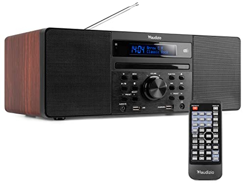 Audizio Prato Radio Dab+ et Lecteur CD avec Technologie sans Fil Bluetooth, Écran LCD, Fonction Horloge et Veille, 2X Port USB, Entrée AUX, Sortie Casque, Télécommande Incluse, Couleur Noir/Bois