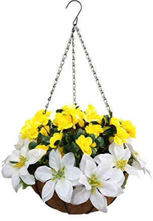 Haus Und Hof Hübsche Weihnachtsdekoration Seide Künstliche Gelbe Azaleen Und Künstliche Weiße Weihnachtsblume Weihnachtsstern DIY Kette Hängekorb (Small Basket)