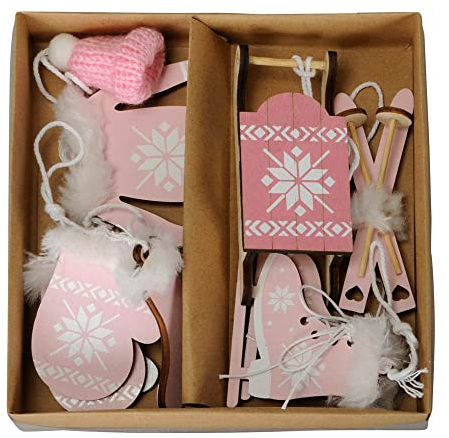 Anhänger Mountain rosa weiß aus Holz Weihnachtsanhänger Schlittschuhe Skier 6tlg.