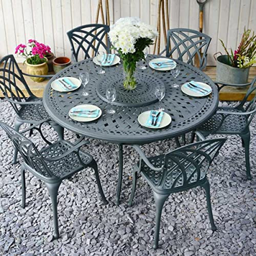 Lazy Susan 150 cm Runder Frances Gartentisch in Schiefergrau mit 6 April Stühlen, Ohne Sitzkissen | Nachhaltiges Sandguss-Aluminium | Wetterfest | Rostfrei | Wartungsarm | 3 Jahre Garantie