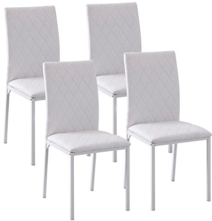 HOMCOM Set de 4 Sillas de Comedor Tapizadas en Polipiel y Patas de Metal Sillas Modernas para Cocina Dormitorio Carga 120 kg 41x50x91 cm Blanco