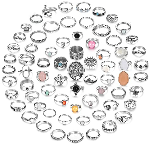 JeryWe 70 Stück Vintage Crystal Ring Set Silber Knöchel Ringe für Frauen, Bohemian Stackable Joint Ringe, Retro Boho Stacking Joint Finger Ringe Pack