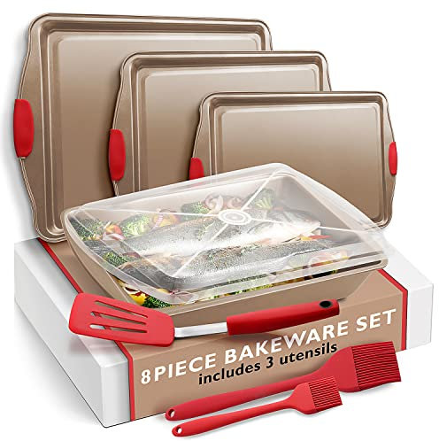 Eatex Teglia da forno, set di 8 fogli per biscotti con manici in silicone, teglia in acciaio antiaderente, fogli da forno durevoli per forno, set di teglie da forno senza BPA, fogli per biscotti per