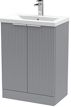 Hudson Reed DFF225A Fluted Modern Bathroom Floor Standing 2 Door Vanity Basin Unit with Mid-Edge Ceramic Basin, 600mm, Satin Grey