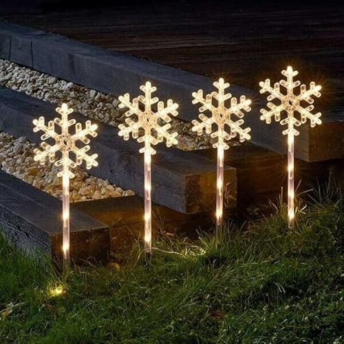Marco Paul Christmas Decoration Set of 4 Snowflake Stake Lights Battery Powered Christmas Pathway Lights Outdoor Xmas Lighting Garden Light Up Decoration 64 LED Battery Powered