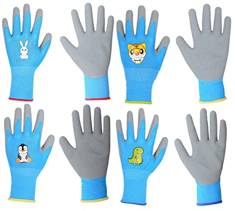 Abonda Gartenhandschuhe für Kinder - 4 Paar Kinderhandschuhe Hofarbeitshandschuhe | Outdoor-Sicherheitshandschuhe für Kleinkinder, Jugendliche, Mädchen, Jungen zum Spielen, Arbeiten, Pflanzen
