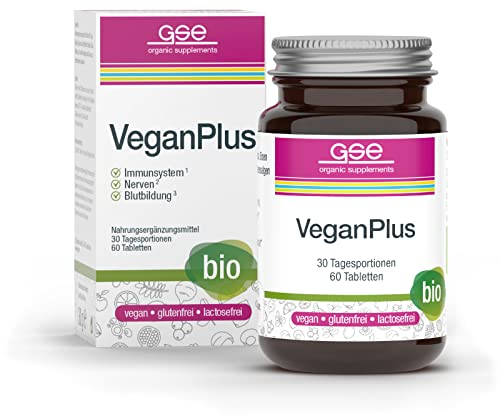 GSE VeganPlus Bio - Nahrungsergänzungsmittel für Veganerinnen & Veganer - Vitamine B12 & D3, Eisen, Jod, Calcium - Komplex rein pflanzlich, Bio - Vegan Supplements, 60 Vegan Tabletten