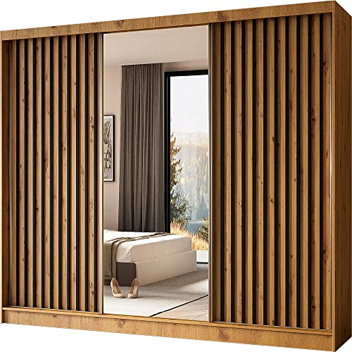 Moderner Kleiderschrank Schwebetürenschrank mit Spiegel und Holzlamellen 100 150 200 cm - Kleiderschrank für Schlafzimmer mit Schwebetüren - Kleiderstange - 240 cm - Eiche Artisan / Schwarze Lamellen
