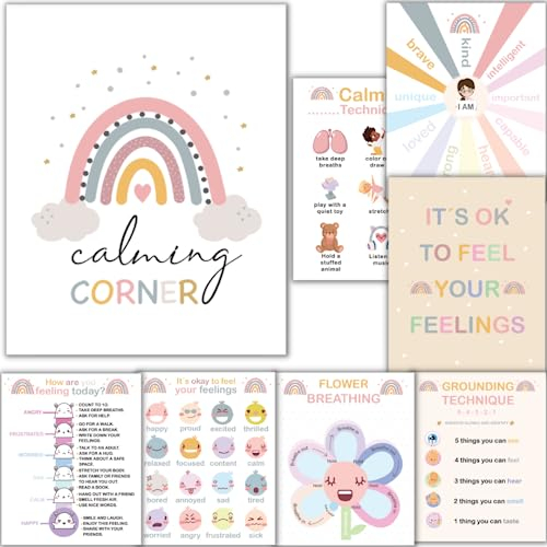 Calming Corner Klassenzimmer-Poster – Set mit 8 pädagogischen Postern mit Gefühlen Diagramm, Calm Down Corner Kit Drucke für Boho-Klassenzimmer-Dekoration, Poster für psychische Gesundheit, ungerahmt,