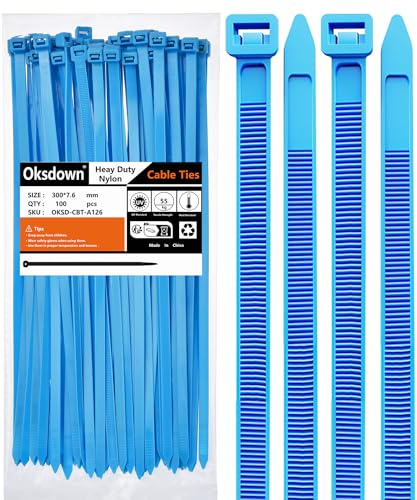 Oksdown 300 mm x 7,6 mm Collier de Serrage Plastique Bleu Serre Câbles Longs Rilsan Ultra Solides Résistant aux UV Attache Câble Lot de 100 Pièces