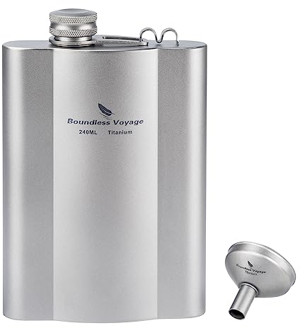 iBasingo Titanium Hip Flask Ultralight Small Liquor Flask Outdoor Portable Travel Whiskey Vodka Wine Bottle Pocket Drinking Pot with Funnel (240ml Silver Flask Ti3073D)