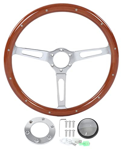 15 Zoll Klassisches Lenkrad, 3 Speichen, Genietet, 6 Löcher, Holz, Klassisches Auto-Lenkrad, Klassisches Oldtimer-Lenkrad mit Hupenknopf-Set, Klassisches Nostalgie-Vintage-Holzrad (Braun)