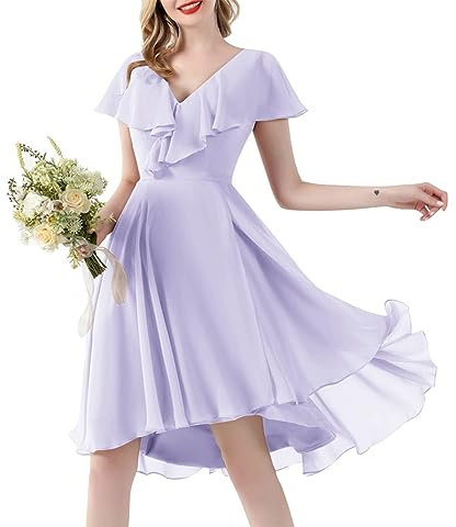 KURFACE Homecoming Robe courte avec col en V et manches volantées pour cérémonie de remise des diplômes avec poches, lilas, 48 plus