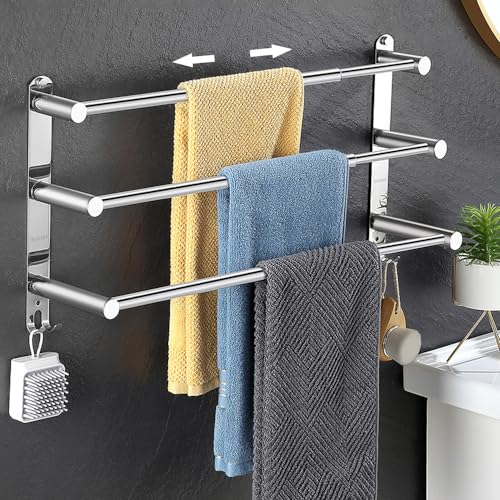 ANBOO Towel Rail Extendible 3 Arms, 43-75 cm Telescopic Towel Rail No Drilling with 4 Hook Positions, Stainless Steel Towel Rail for Bathroom Kitchen Wall - 2 Installation Methods