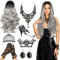 Perücke Halloween Damen, Halloween Accessoires Damen, 70cm Grau Lang Wellte Lockig, Halloween Kostüm Damen, mit Gothic Schmuck Damen für Halloween, Karneval, Maskerade und Cosplay(9 Stück)