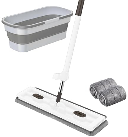 Balai Plat Nouveau Style avec Seau,Grande Vadrouille Plate Et Seau Évolutif avec Roues,Vadrouille en Microfibre Rotative À 360 °, Vadrouille À Poussière avec Grattoir pour Le Nettoyage des Sols