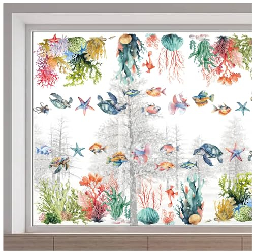 GORGECRAFT 116x38cm Große Fensteraufkleber Mit Meerestieren Doppelseitiger Ozeanaufkleber Meeresschildkröten Statische Fensteraufkleber Unterwasserwelt Fische Seesterne Kraken Korallenmuscheln