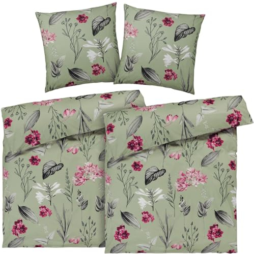 Pure Label Blumen Bettwäsche 4teilig 155x220 cm mit einem 2er Set Kissenbezüge 80x80 cm - Traumhaft weiches Bettwäsche-Sets 155 x 220 cm in grün aus 100% Baumwolle mit YKK Reißverschluss