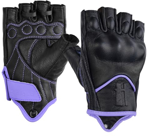 Harssidanzar Guanti da moto senza dita da donna,protezione contro le nocche guida motociclista guanti da moto touchscreen vera pelle di capra KL022,Nero-viola chiaro,Taglia S