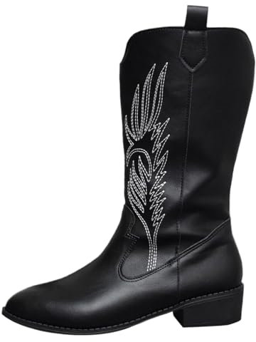 Ulalaza Stivali da donna Stivali da cowboy western Stivali da cowgirl al polpaccio Stivali con tacco spesso Stivali eleganti con tacco medio ricamati Stivali al ginocchio con punta squadrata