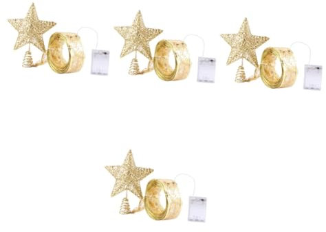 ABOOFAN 4 Stück Weihnachtsdekoration Golddekor Baumspitzen Christbaumschmuck Baumwipfelschmuck Weihnachtsband aufleuchten fairy lights fairylights Baumspitze aus Holz Baum Stern Stoff