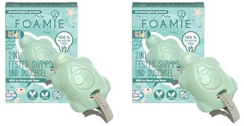 Foamie 2in1 Festes Shampoo & Duschgel Kinder, Kindershampoo Jungs mit Bio-Avocadoöl für bessere Kämmbarkeit, mild zu Haut und Haar, 100% Vegan, Plastikfrei, 80g (Packung mit 2)