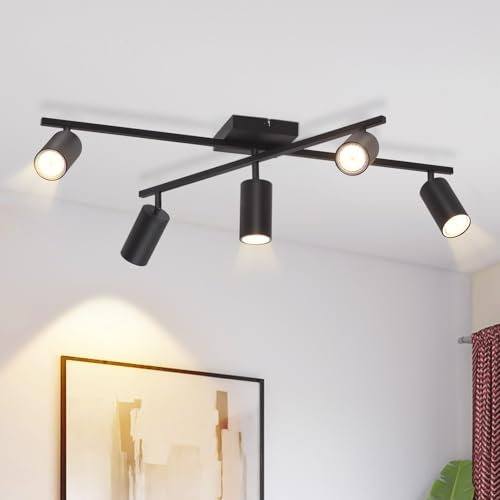 Kowanie Deckenstrahler 5 flammig Schwarz: Spots Deckenleuchte Küche GU10 modern Strahler Deckenlampe Wohnzimmer 350° Schwenkbar Küchenlampe Deckenspots für Schlafzimmer Esszimmer - Ohne Leuchtmittel