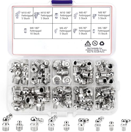 FSWWSF 60 Stück Schmiernippel Set, Kegelschmiernippel, Schmiernippel Sortiment M6 M8 M10, Gerade Abgewinkelt 45° 90° 180° Hydraulik Fettnippel (60)