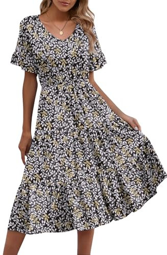 Zeagoo Sommerkleid Damen Elegant V-Ausschnitt Kleider Strandkleid A Linie Blumen Freizeitkleider Rüschen Ärmel Midikleid Kurzarm Shirtkleider mit Taschen Schwarz Khaki L