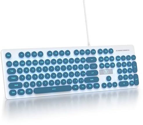 surmen Tastiera silenziosa blu con cavo per macchina da scrivere, retroilluminata, con tasti rotondi retrò, dimensioni standard, 104 tasti per computer da ufficio (blu)